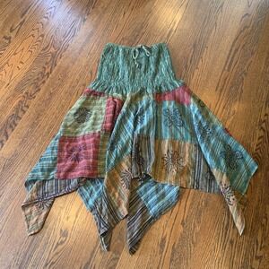 Smocked Top Dress OS Block Print Patchwork Asymetric Boho Hippie EUC